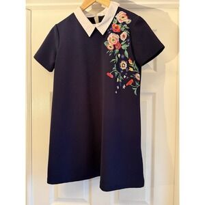Aiden Shift Dress Womens Small Navy Blue Floral Embroidered White Collar Mini